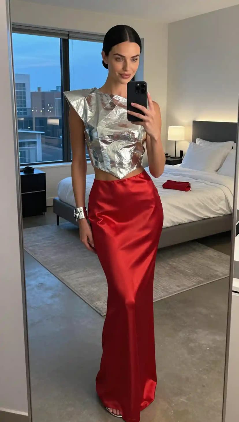 Silver Metallic Corset Top + Red Satin Maxi Skirt