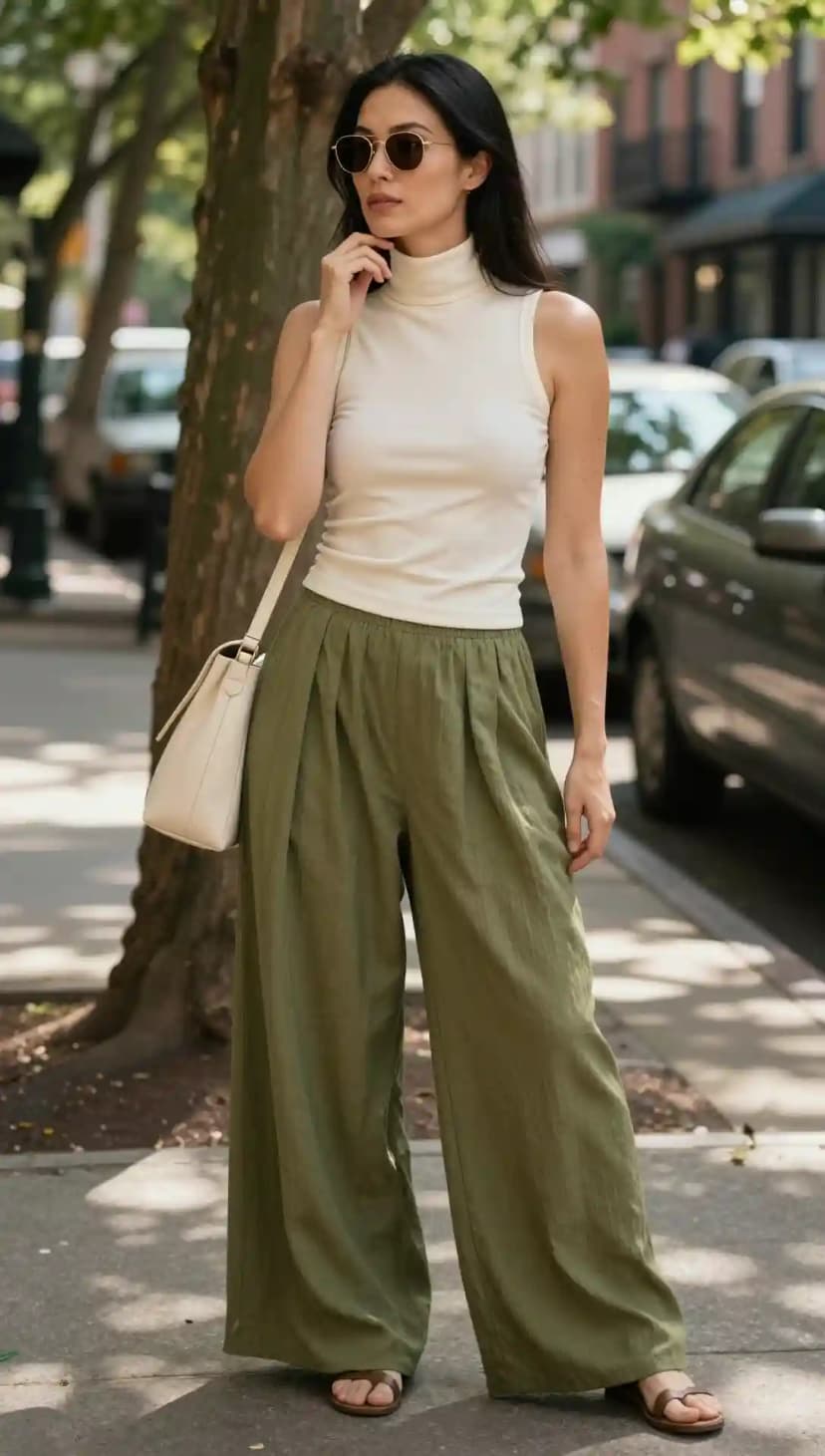 Cream Sleeveless Mock Neck Top + Olive Green Wide-Leg Pants