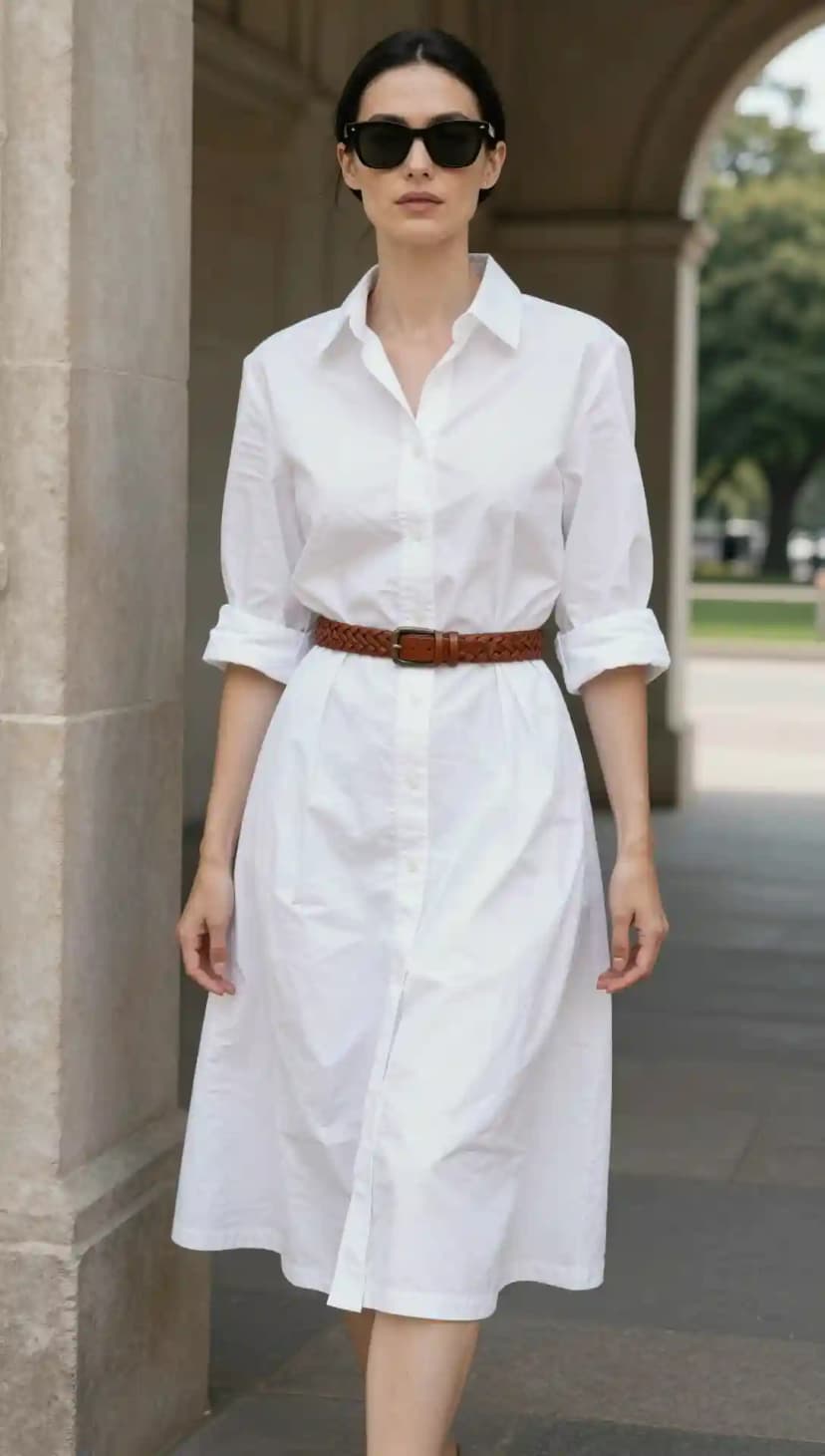 White Button-Down Dress + Woven Brown Belt + Black Sunglasses