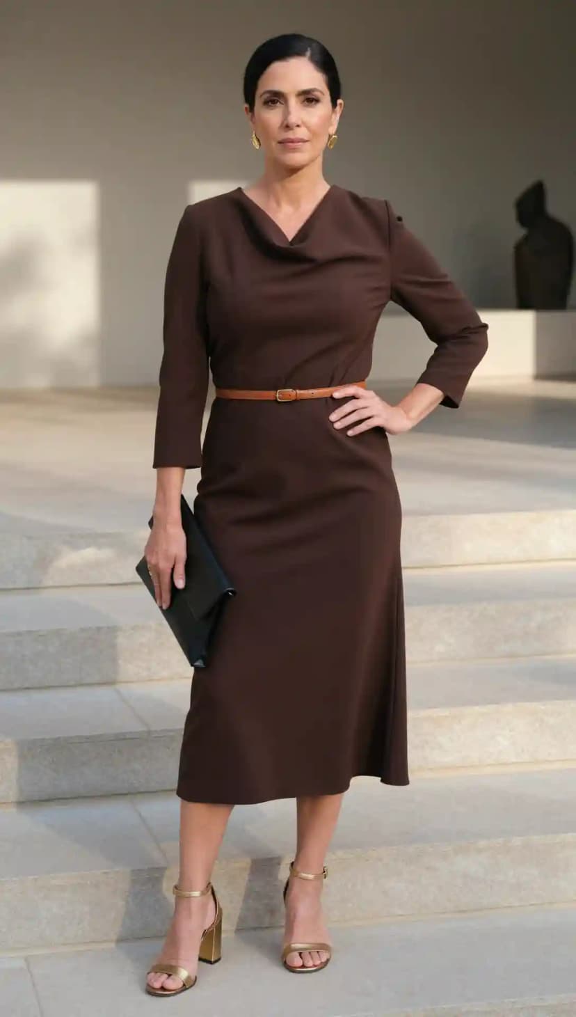 Brown Midi Dress + Tan Belt + Black Clutch + Gold Heels