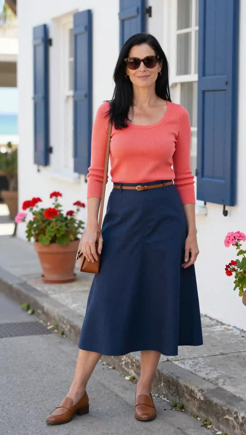 Coral Ribbed Knit Top + Navy A-Line Skirt + Brown Leather Loafers