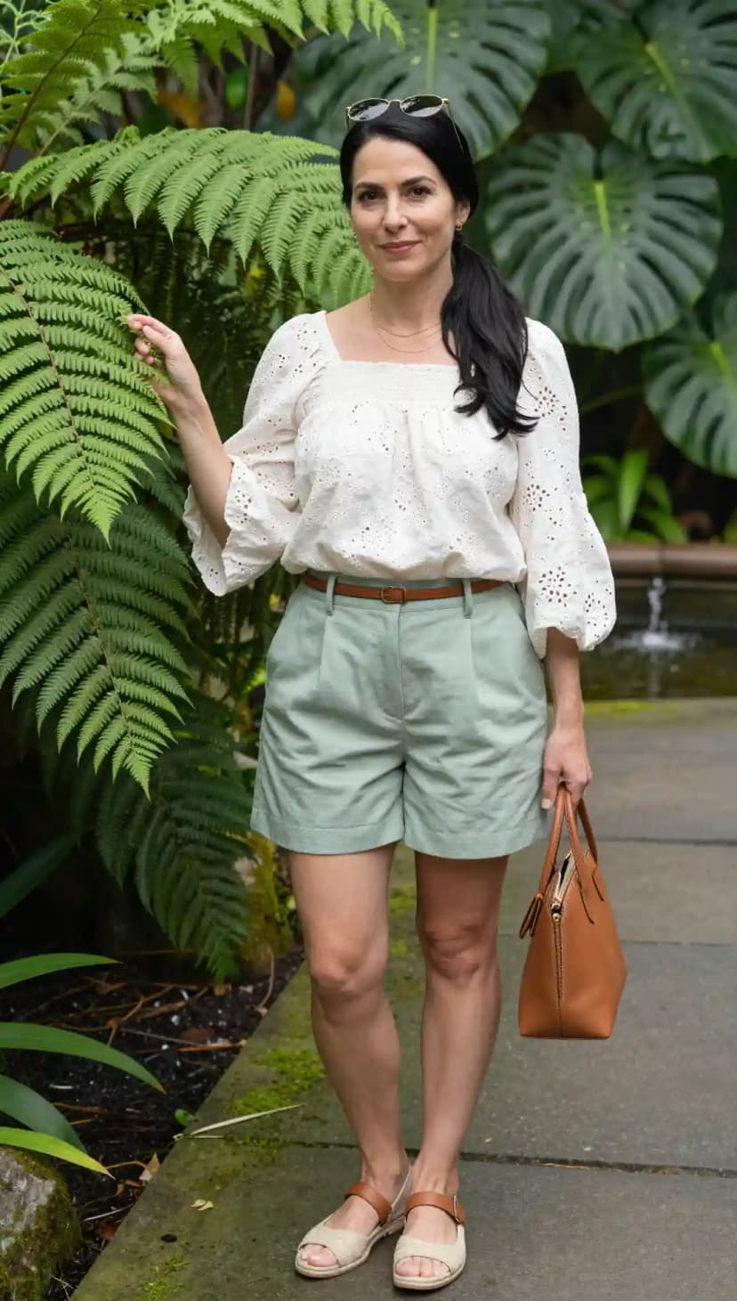 Eyelet Blouse + Mint Green Shorts + Tan Leather Tote