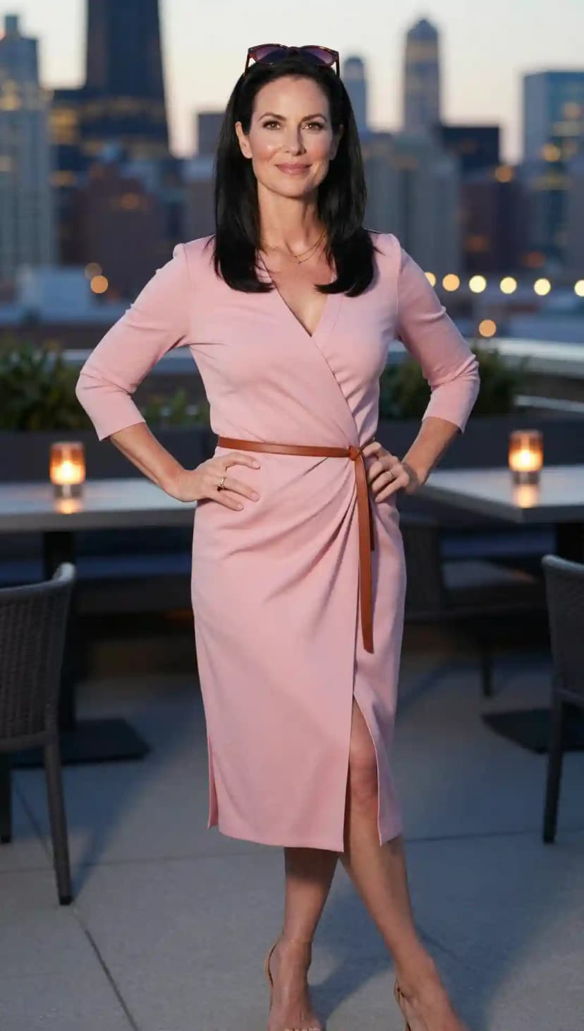 Pink Wrap Dress + Brown Belt + Nude Heels