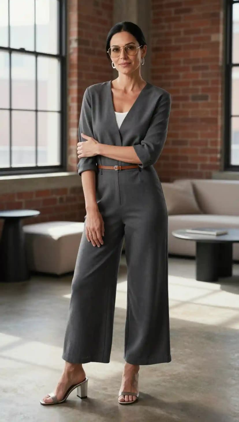 Charcoal Grey Wide-Leg Jumpsuit + White Tank Top + Brown Belt