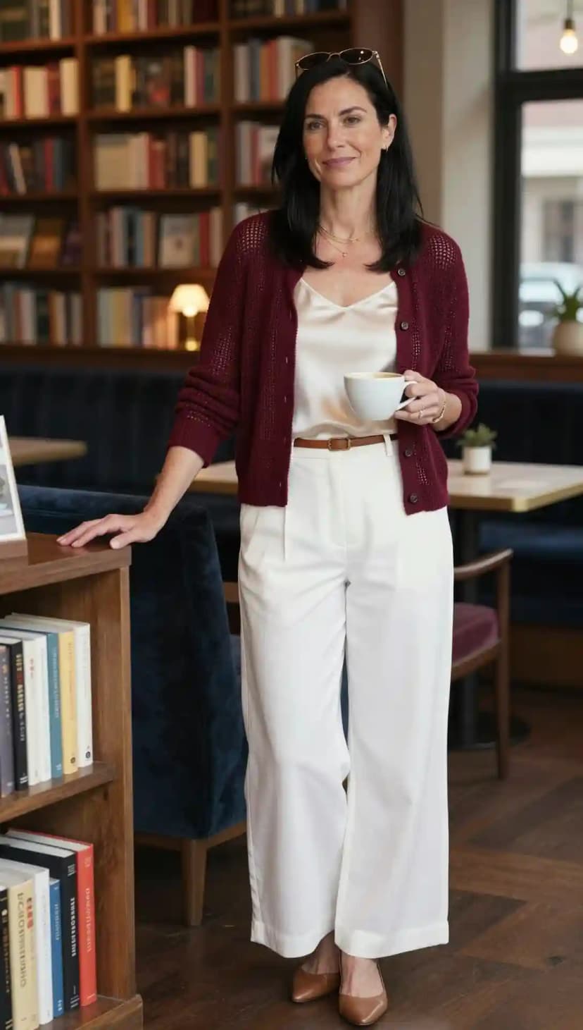 Burgundy Cardigan + Cream Cami + White Wide-Leg Trousers