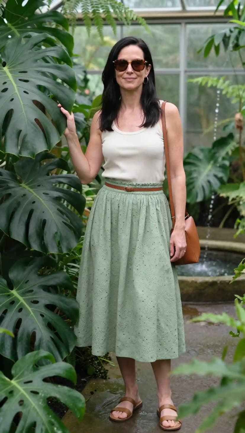 Cream Ribbed Tank Top + Sage Eyelet Midi Skirt + Brown Leather Belt