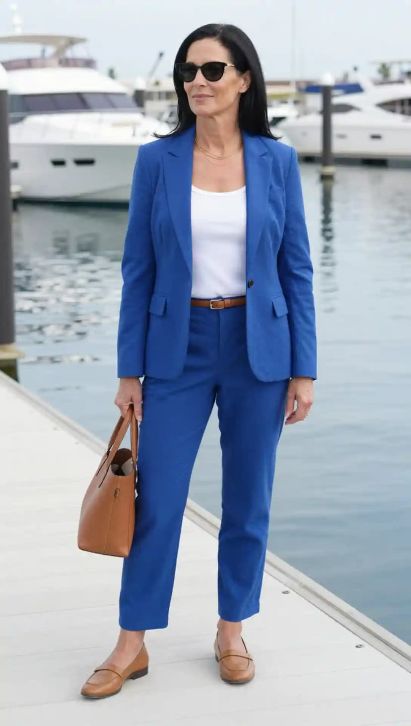 Blue Linen Blazer + White Tank Top + Blue Linen Trousers + Brown Leather Loafers