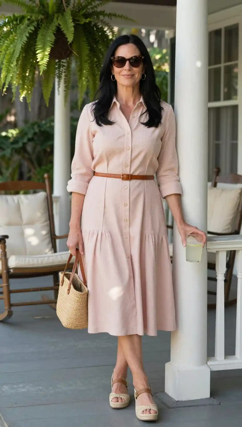 Pink Striped Midi Shirt Dress + Tan Belt + Straw Tote Bag + Espadrille Wedges