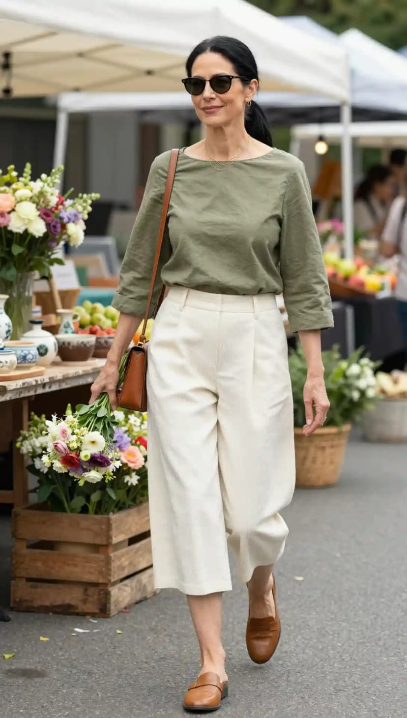 Olive Green Top + Cream Wide-Leg Culottes + Brown Leather Loafers