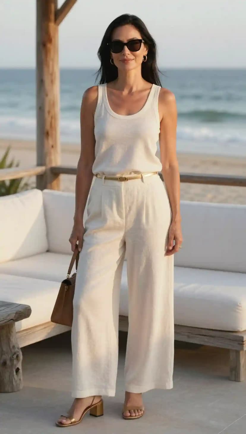 Cream Tank Top + Cream Wide-Leg Pants + Gold Belt + Brown Handbag + Gold Block Heels