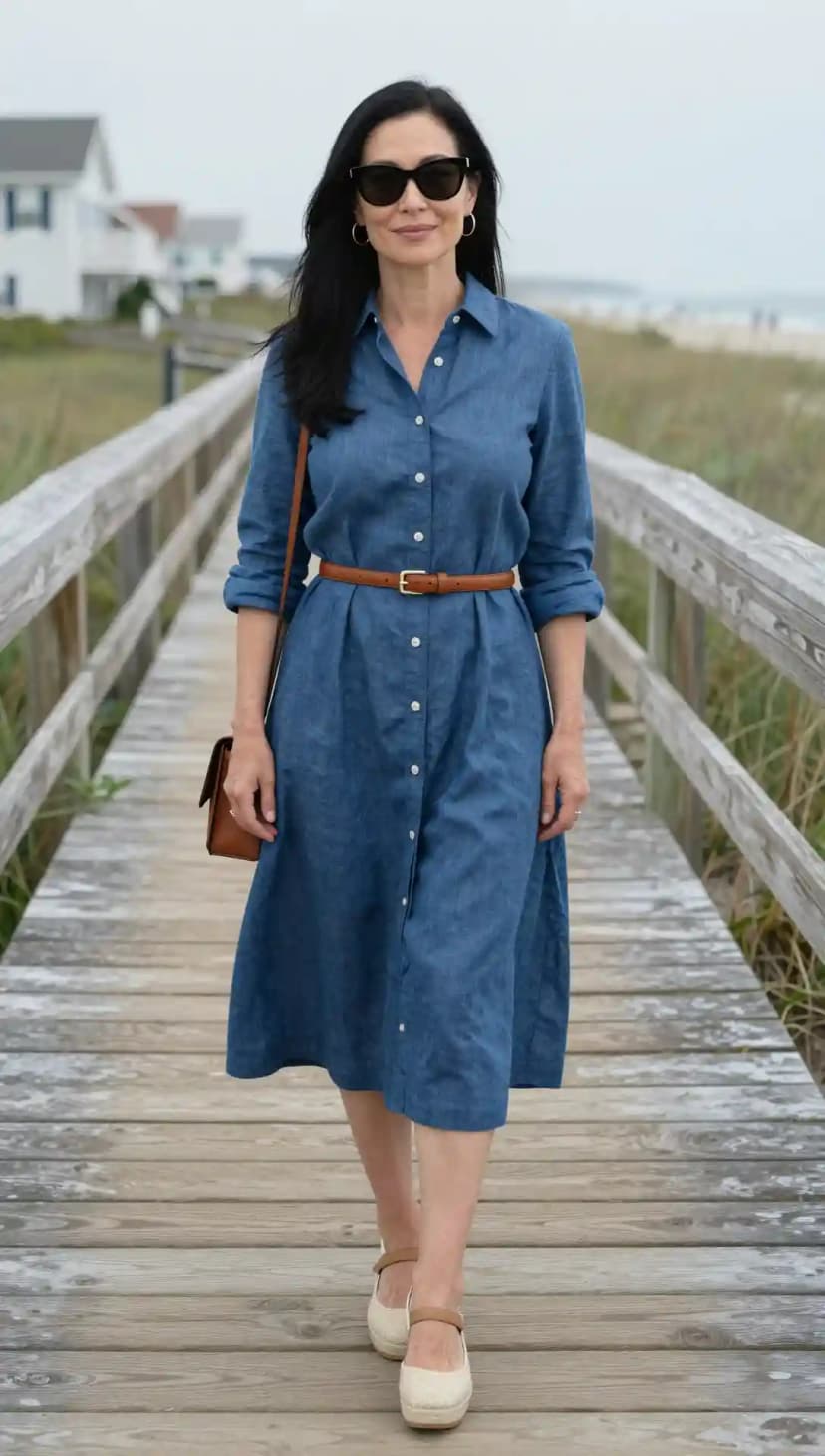 Blue Denim Shirtdress + Brown Leather Belt + Espadrille Flats
