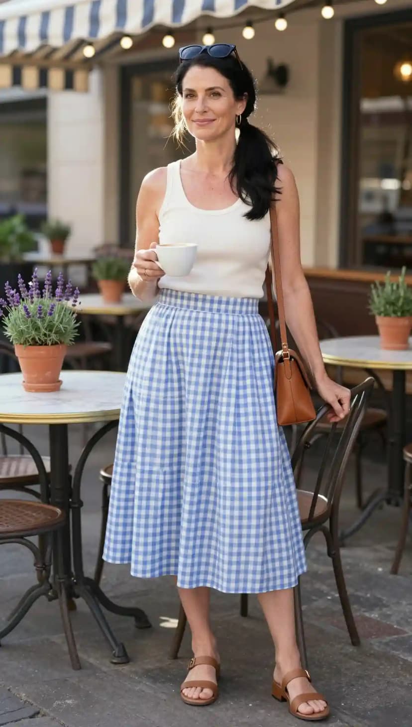 White Ribbed Tank Top + Blue Gingham Midi Skirt + Brown Leather Shoulder Bag + Brown Block Heel Sandals