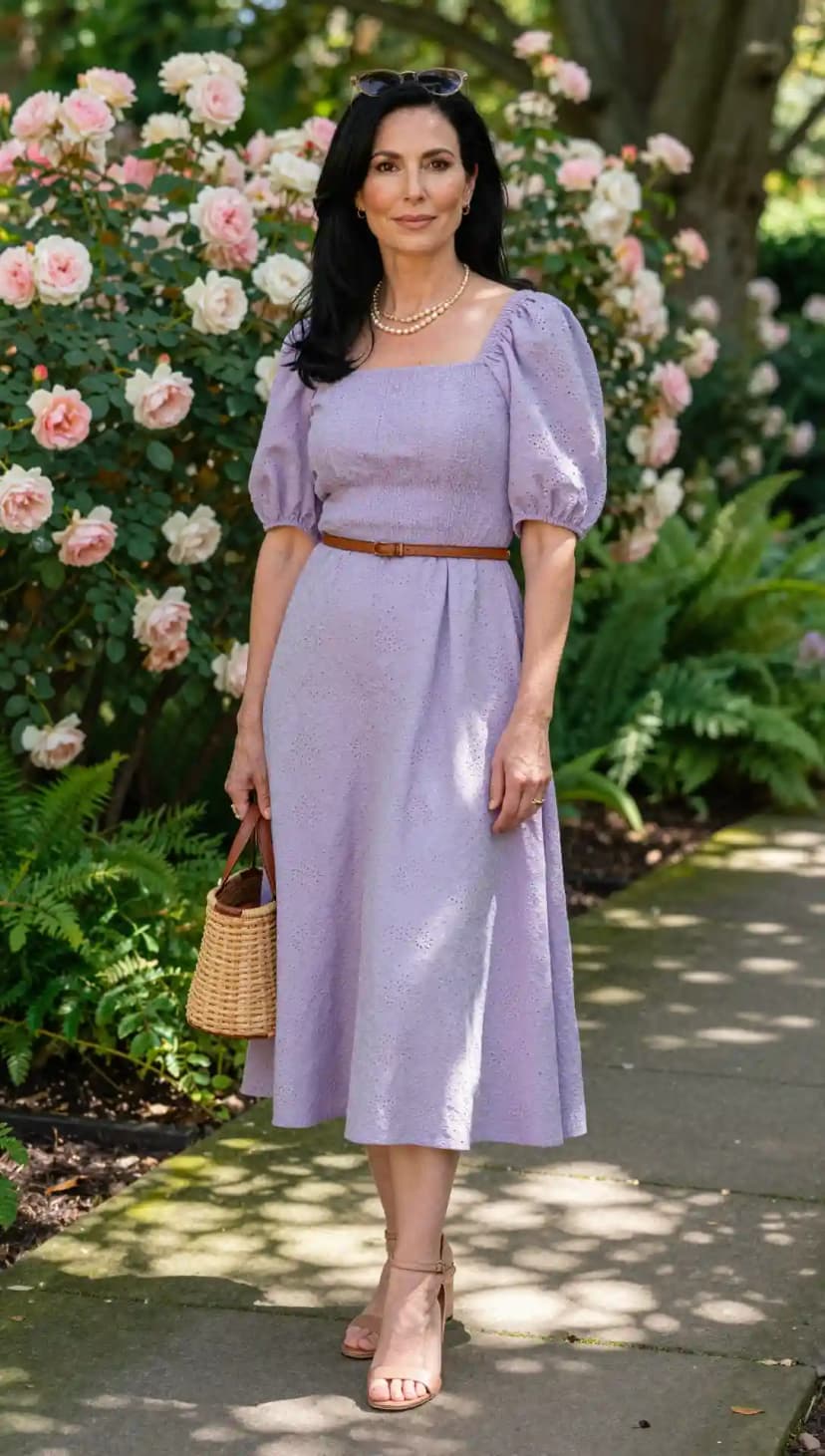 Lavender Eyelet Dress + Brown Belt + Wicker Bag + Pearl Necklace