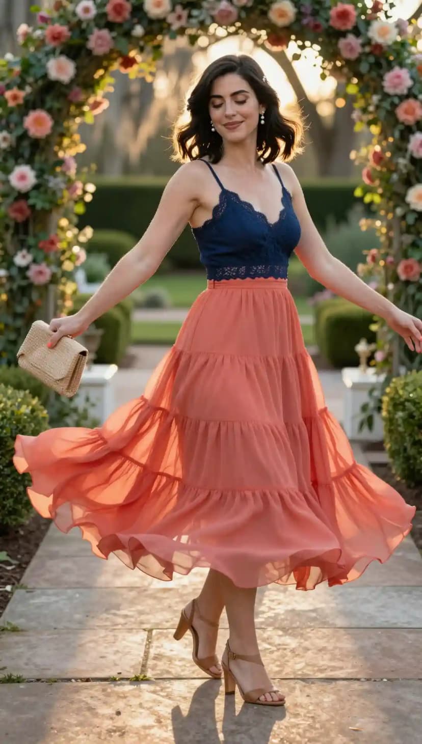 Navy Lace Cami + Coral Tiered Maxi Skirt