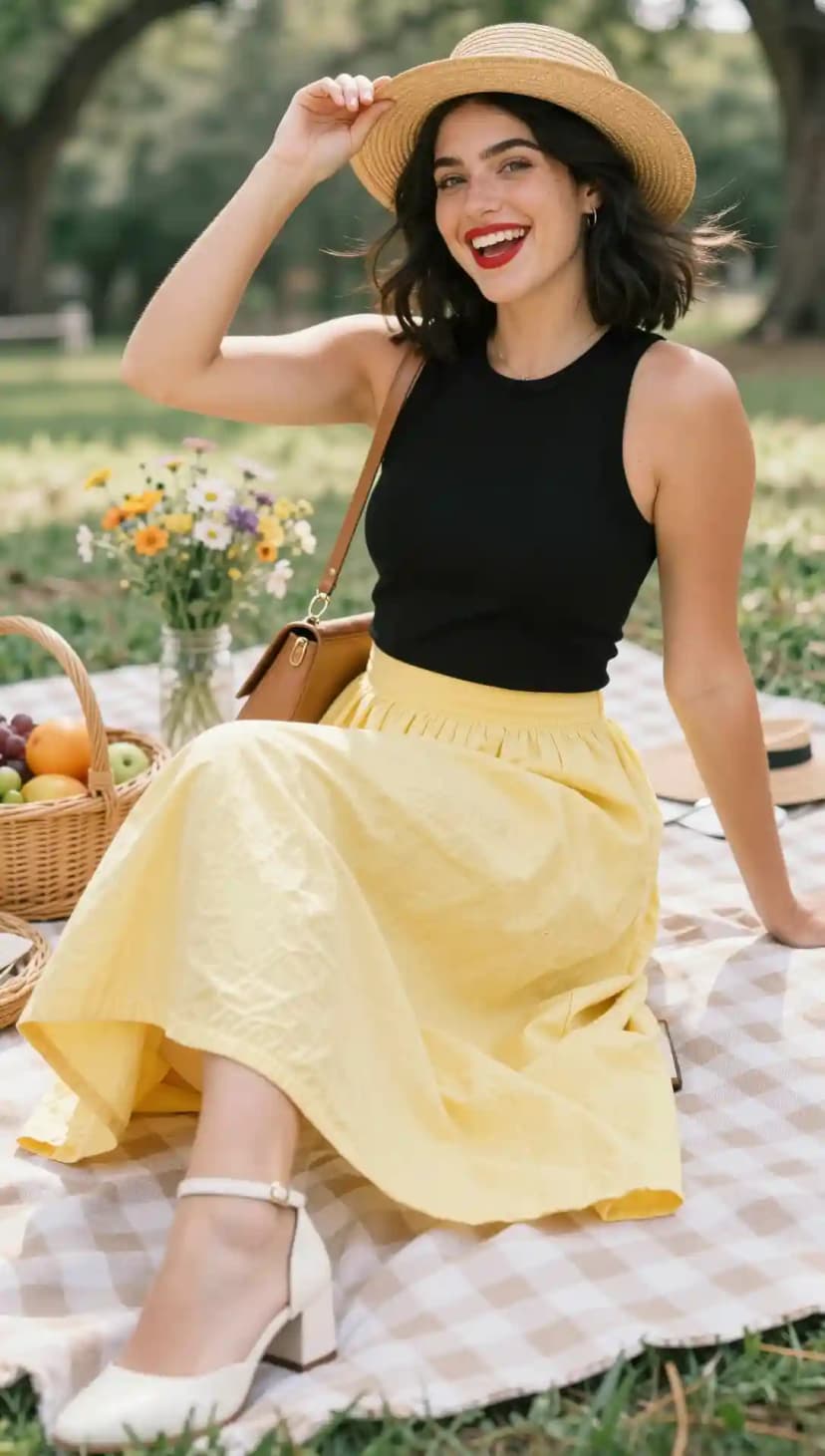 Black Ribbed Tank Top + Yellow Midi Skirt