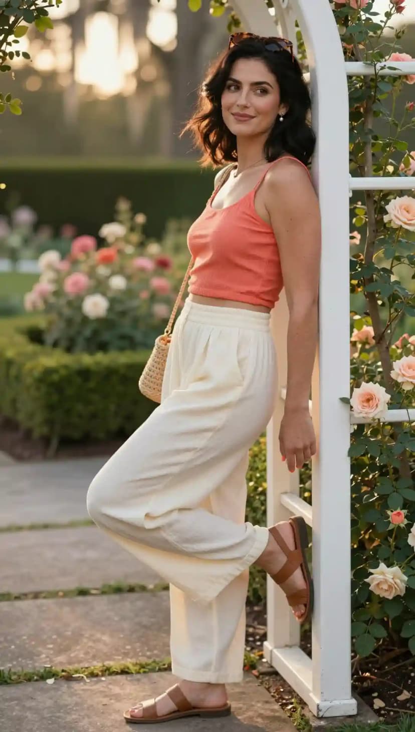 Orange Cropped Tank Top + Cream Wide Leg Pants