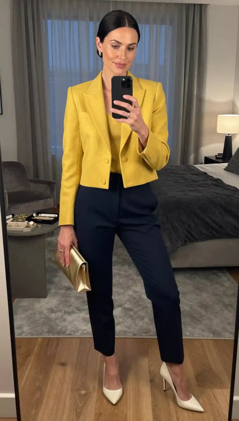 Yellow Cropped Blazer + Navy Trousers