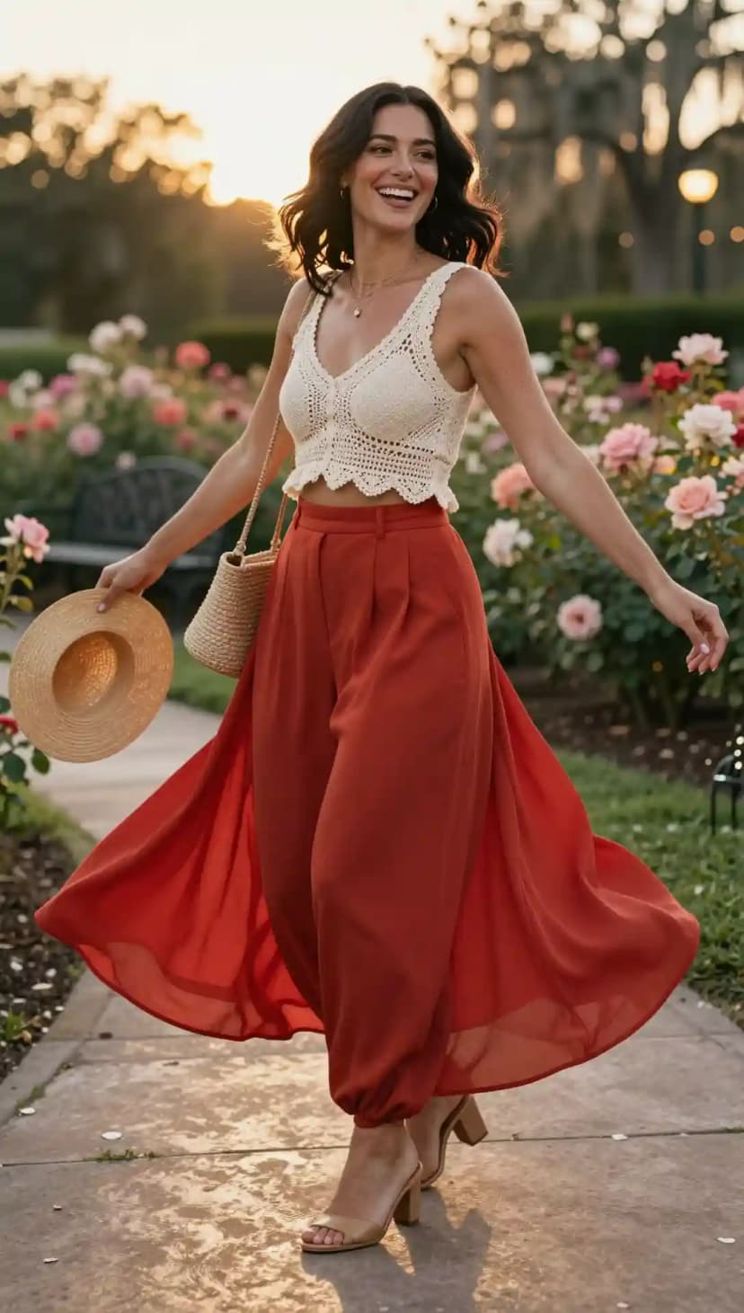 Cream Crochet Crop Top + Rust Tiered Maxi Skirt