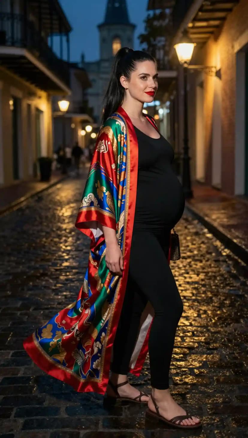 Black Maternity Tank Top + Black Maternity Leggings + Colorful Kimono