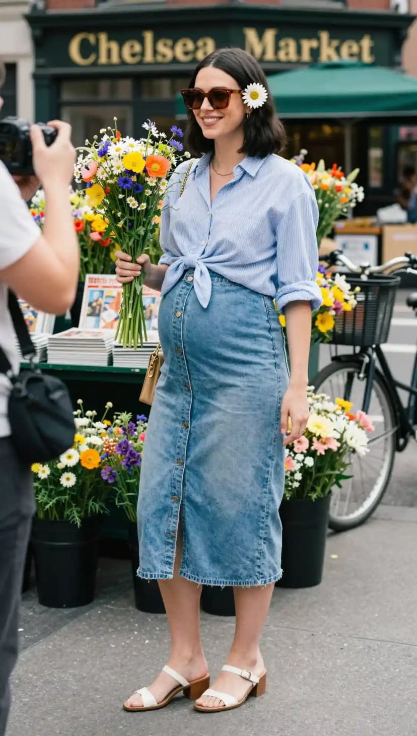 Light Blue Striped Button-Up Shirt + Light Wash Denim Midi Skirt + White Block Heel Sandals
