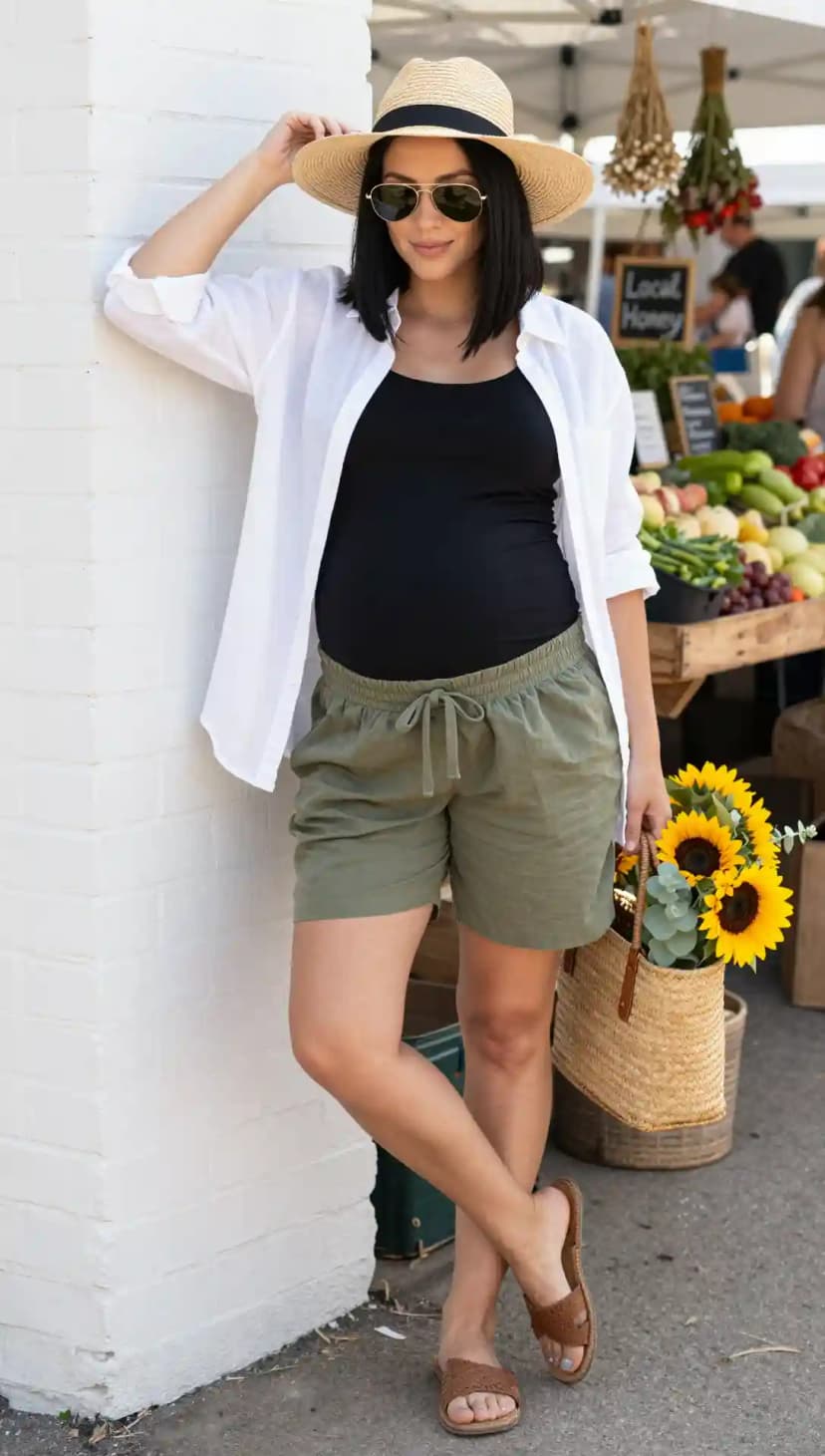 Black Maternity Tank Top + Olive Linen Shorts + White Linen Shirt