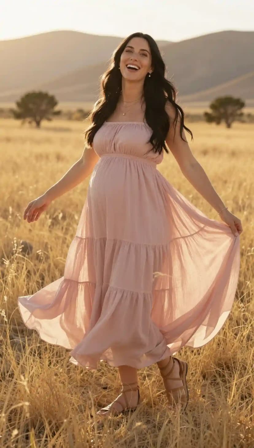 Pink Tiered Maternity Maxi Dress + Tan Strappy Sandals