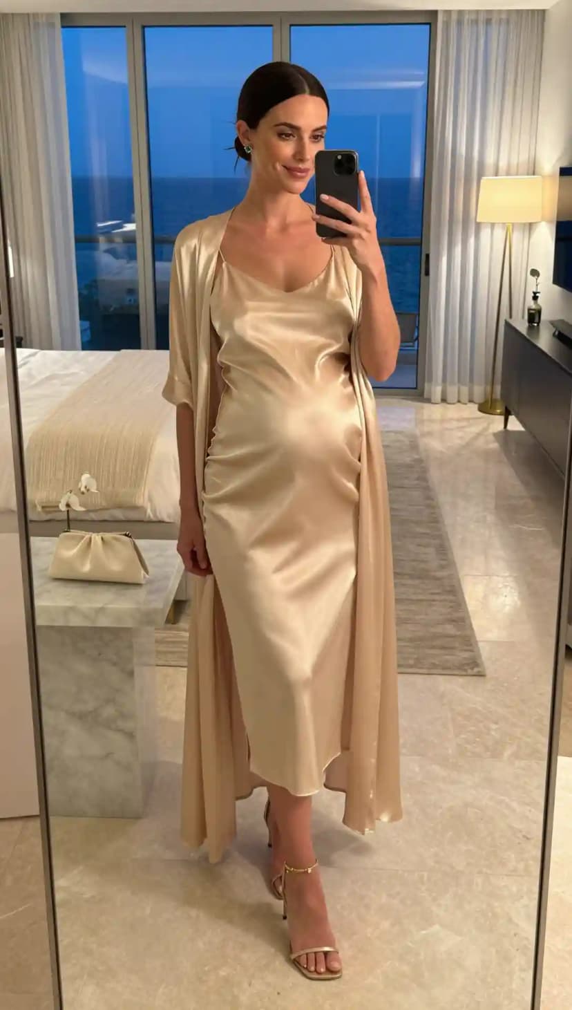 Champagne Silk Slip Dress + Matching Robe + Gold Strappy Heels
