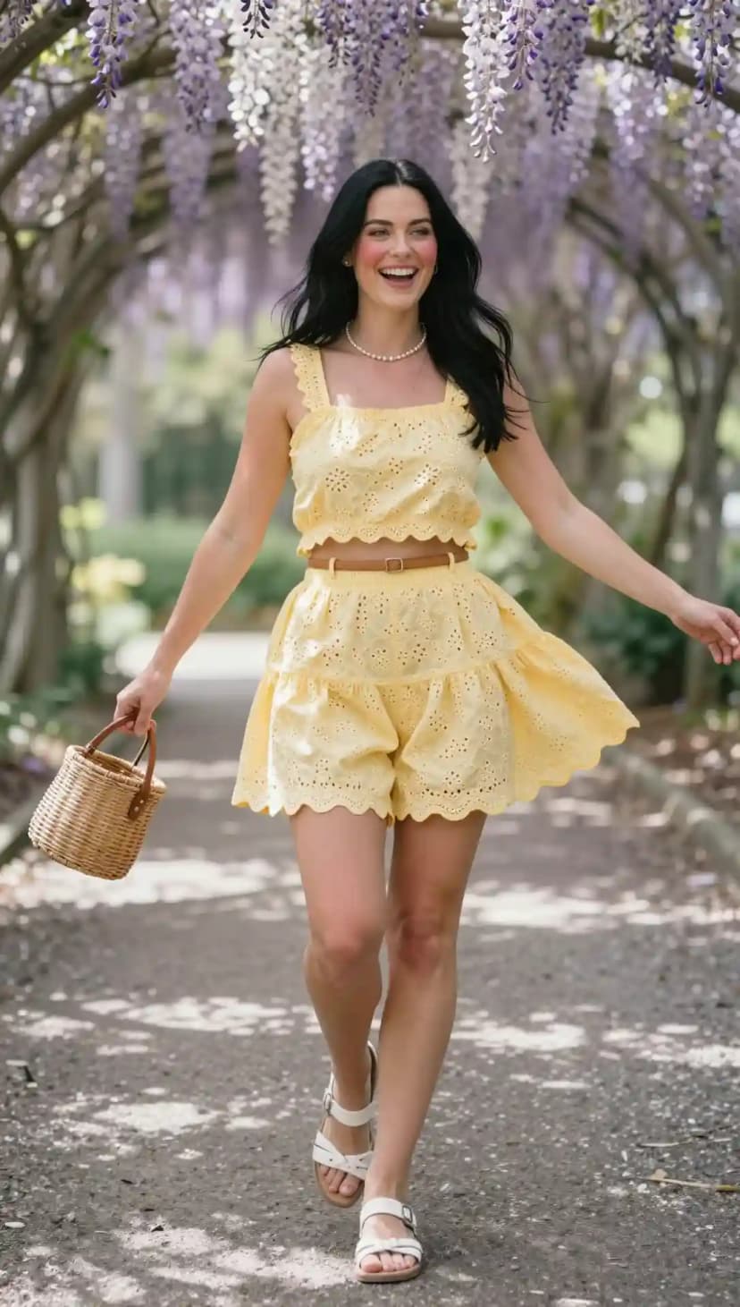 Yellow Broderie Anglaise Crop Top + Matching Shorts