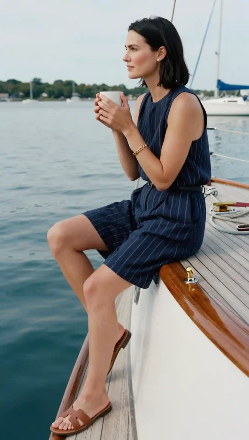 Navy Striped Sleeveless Romper + Gold Chain Bracelet + Brown Slides