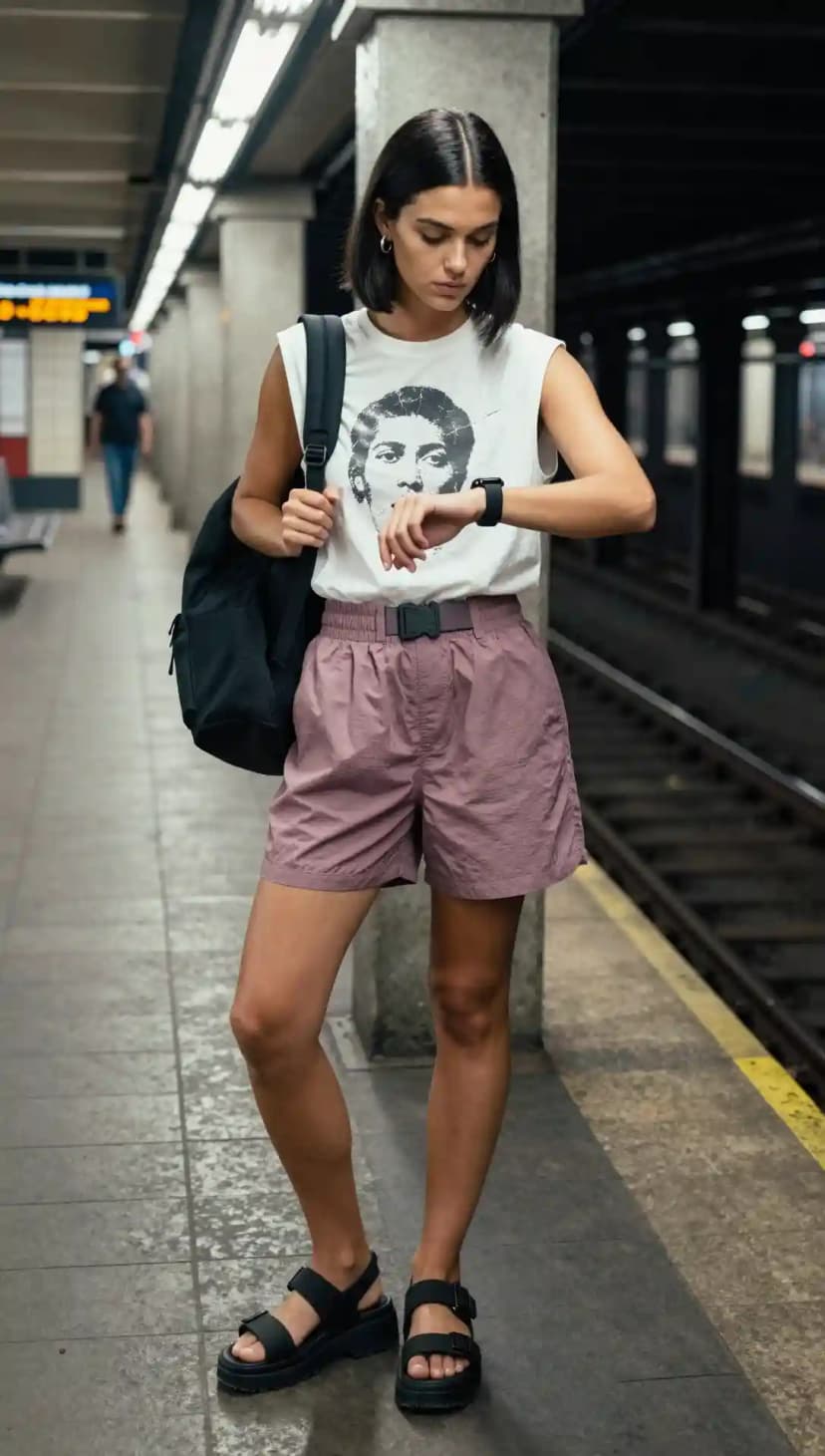 Graphic Tee + Mauve Shorts + Black Chunky Sandals