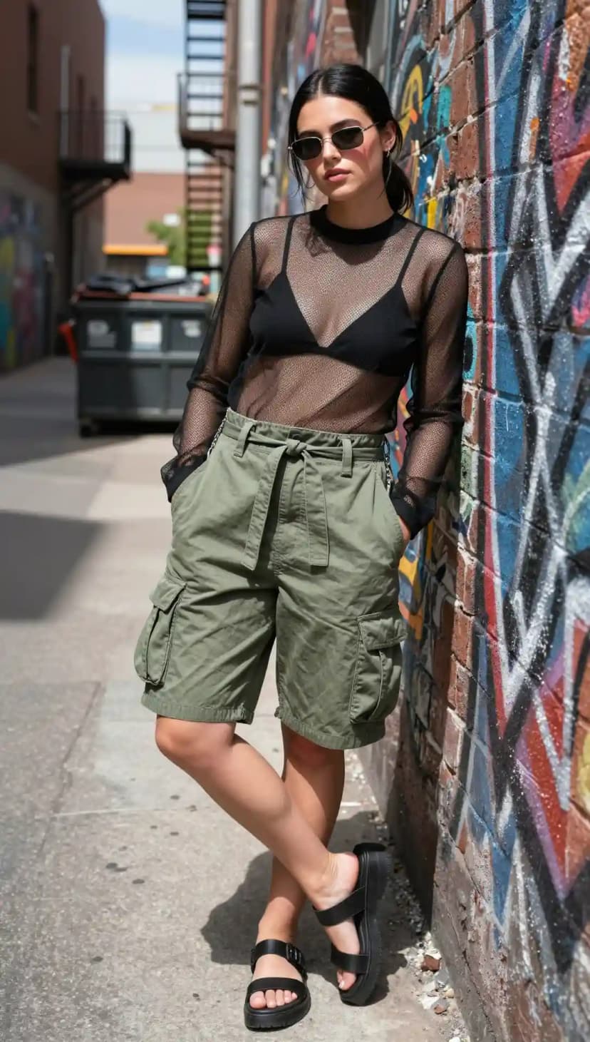 Black Mesh Top + Olive Cargo Shorts + Black Platform Sandals