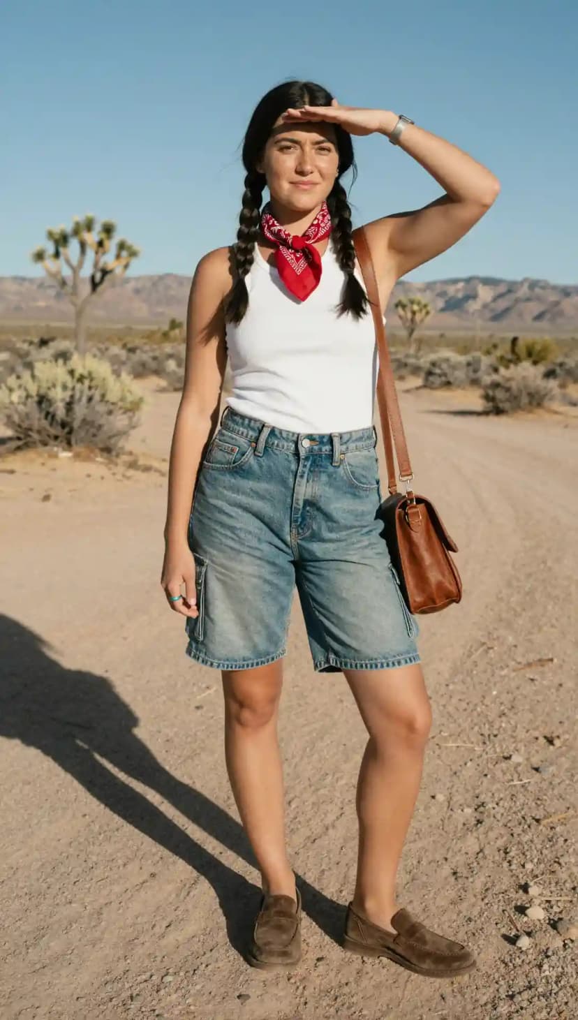 White Tank Top + Denim Cargo Shorts + Red Bandana + Brown Leather Bag