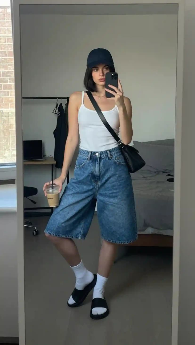 White Tank Top + Wide Leg Denim Shorts + Baseball Cap