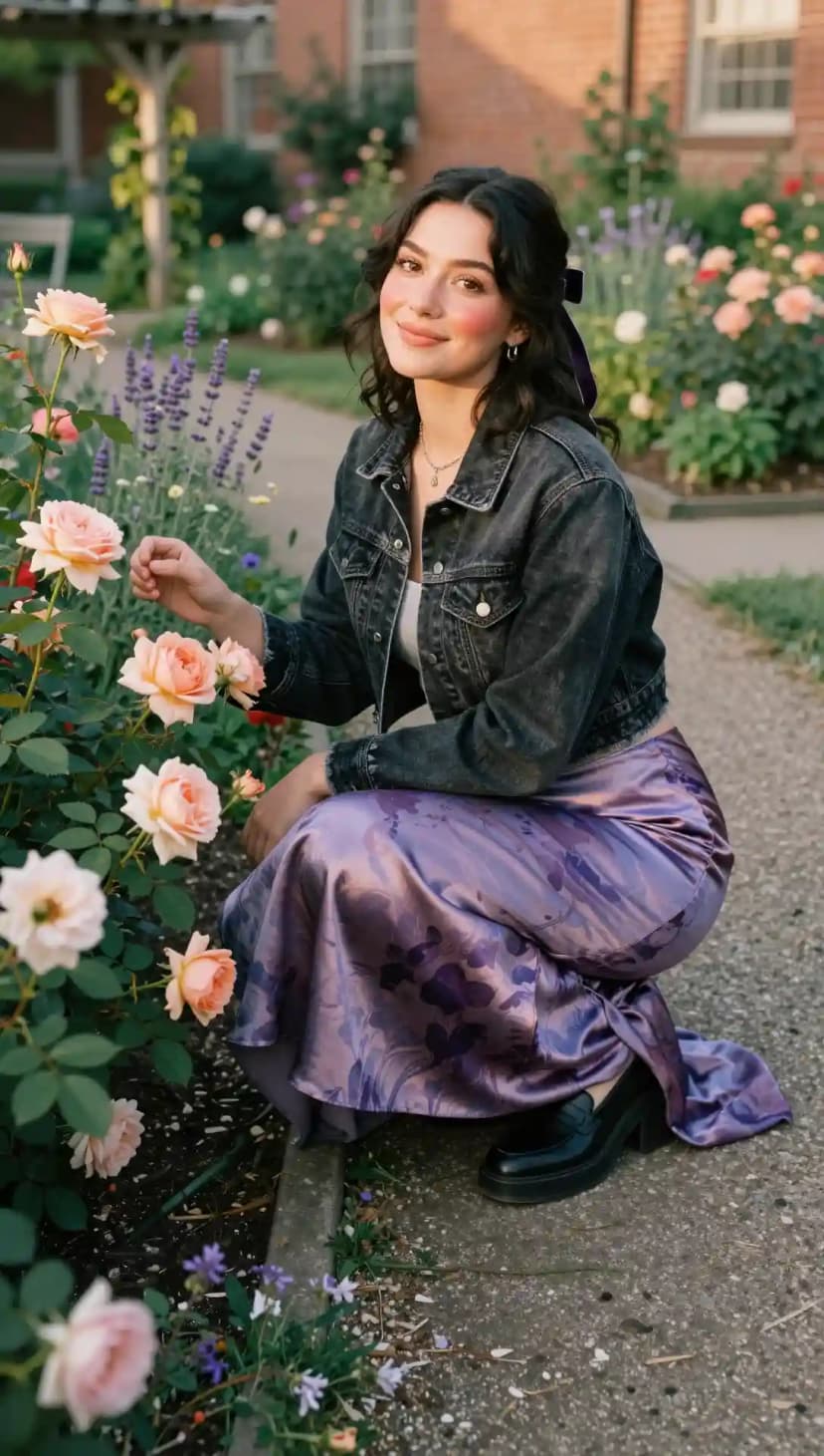 Dark Wash Denim Jacket + White Tank Top + Purple Floral Satin Skirt + Black Loafers