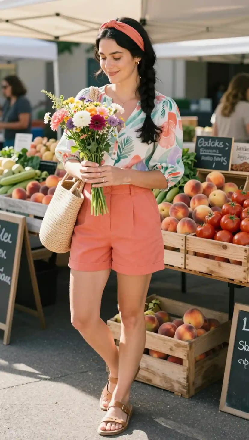 Floral Puff Sleeve Top + Coral Linen Shorts + Straw Tote Bag