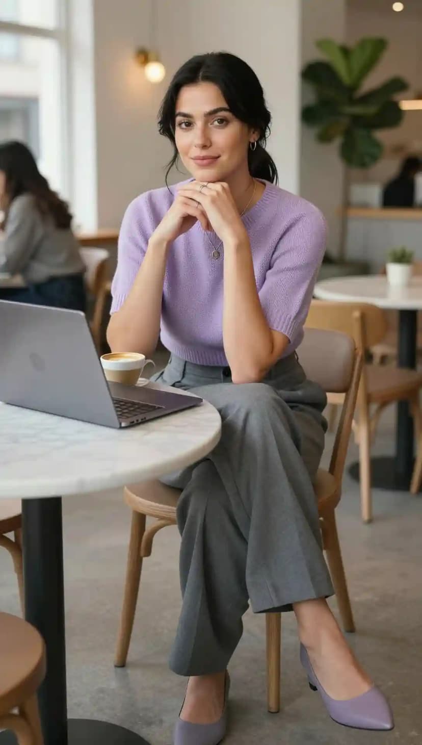 Lilac Knit Top + Grey Wide-Leg Trousers + Lilac Pointed Heels