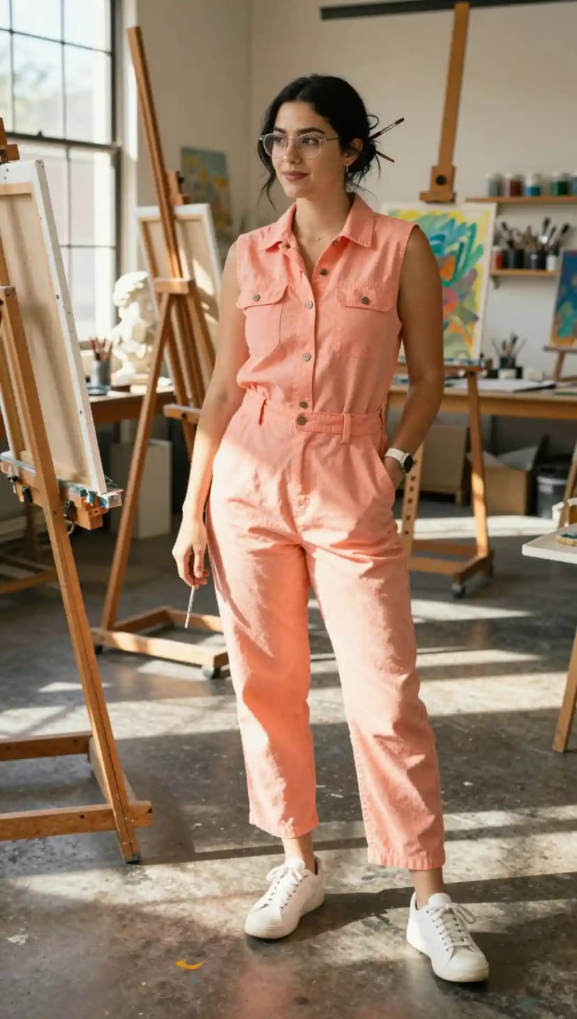 Peach Linen Jumpsuit + White Sneakers