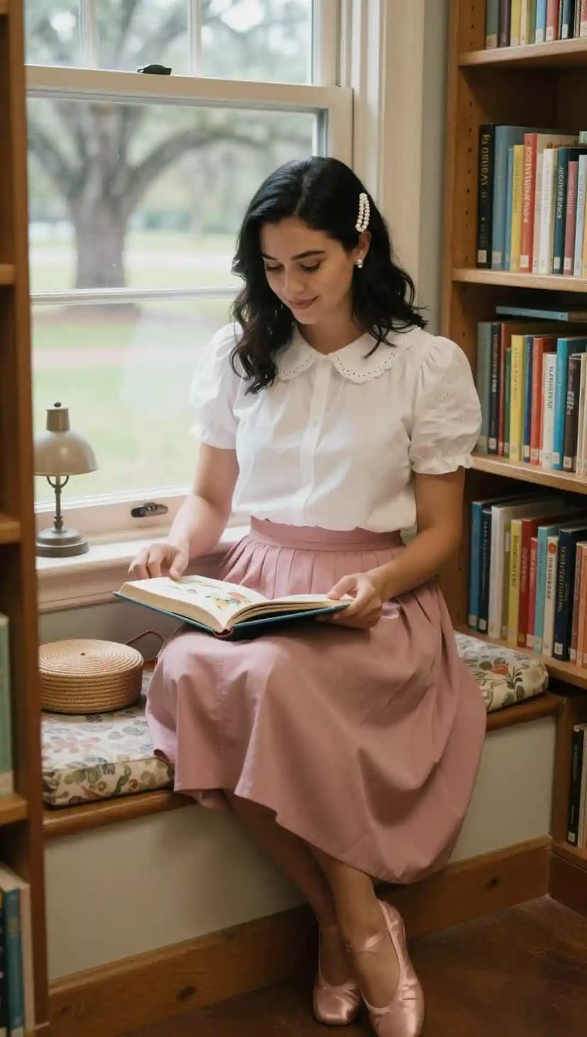 White Embroidered Puff Sleeve Top + Dusty Rose Midi Skirt + Pink Ballet Flats