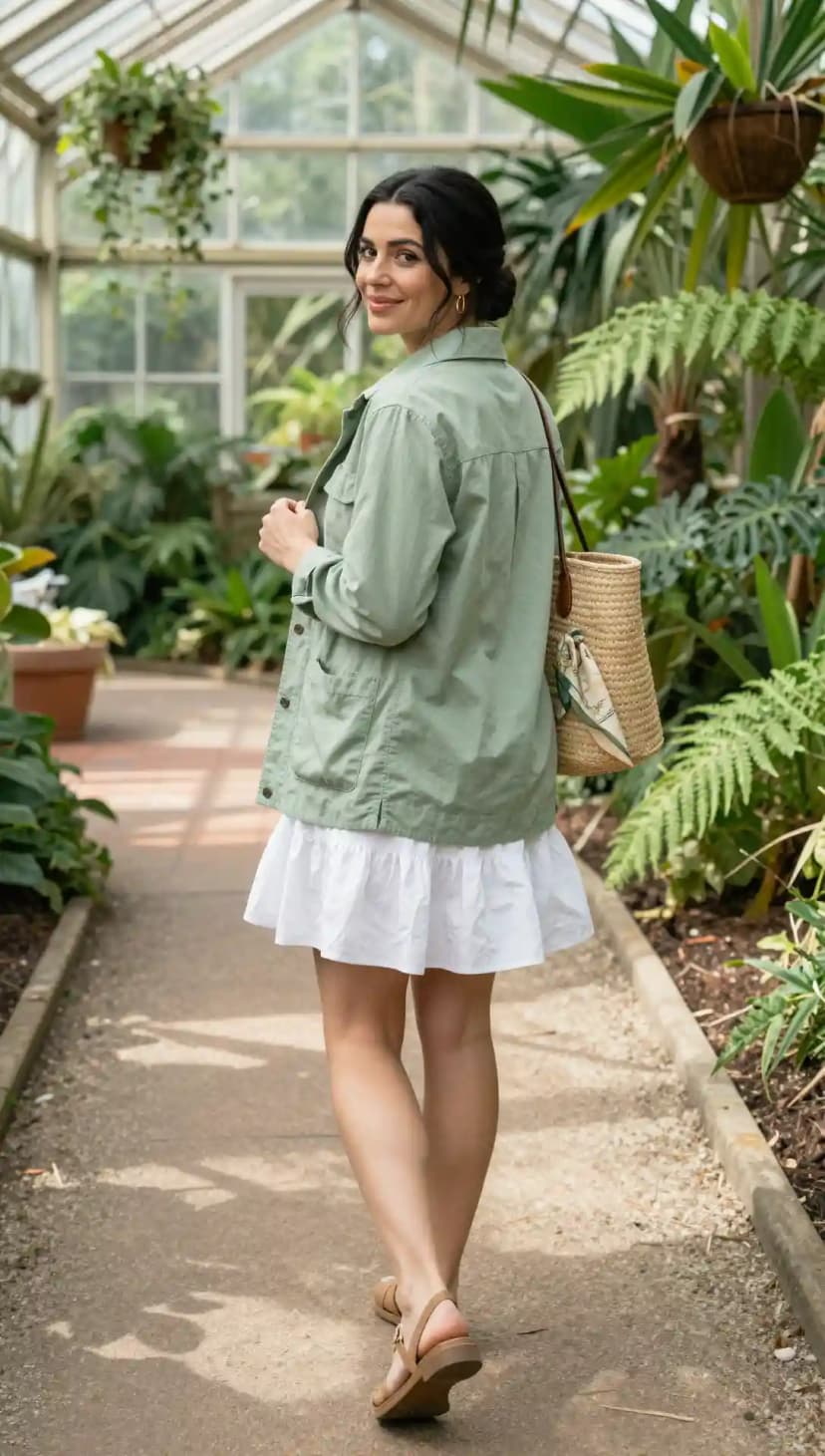 Sage Green Utility Jacket + White Tiered Mini Dress
