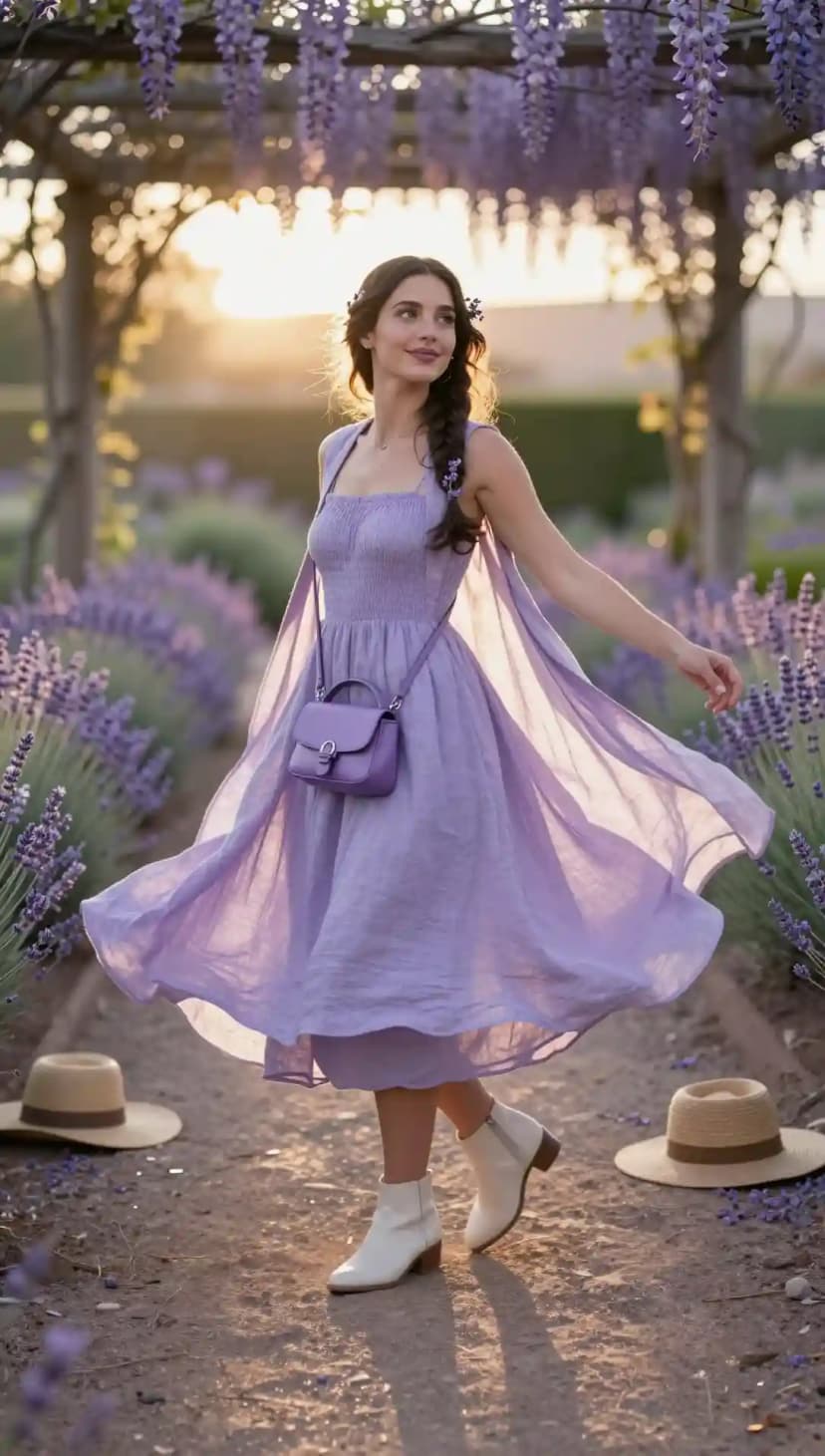 Lavender Smocked Dress + White Ankle Boots + Purple Crossbody Bag