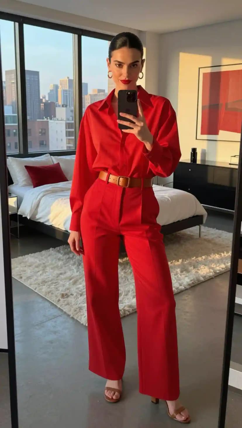 Red Oversized Shirt + Red Wide-Leg Trousers + Brown Belt