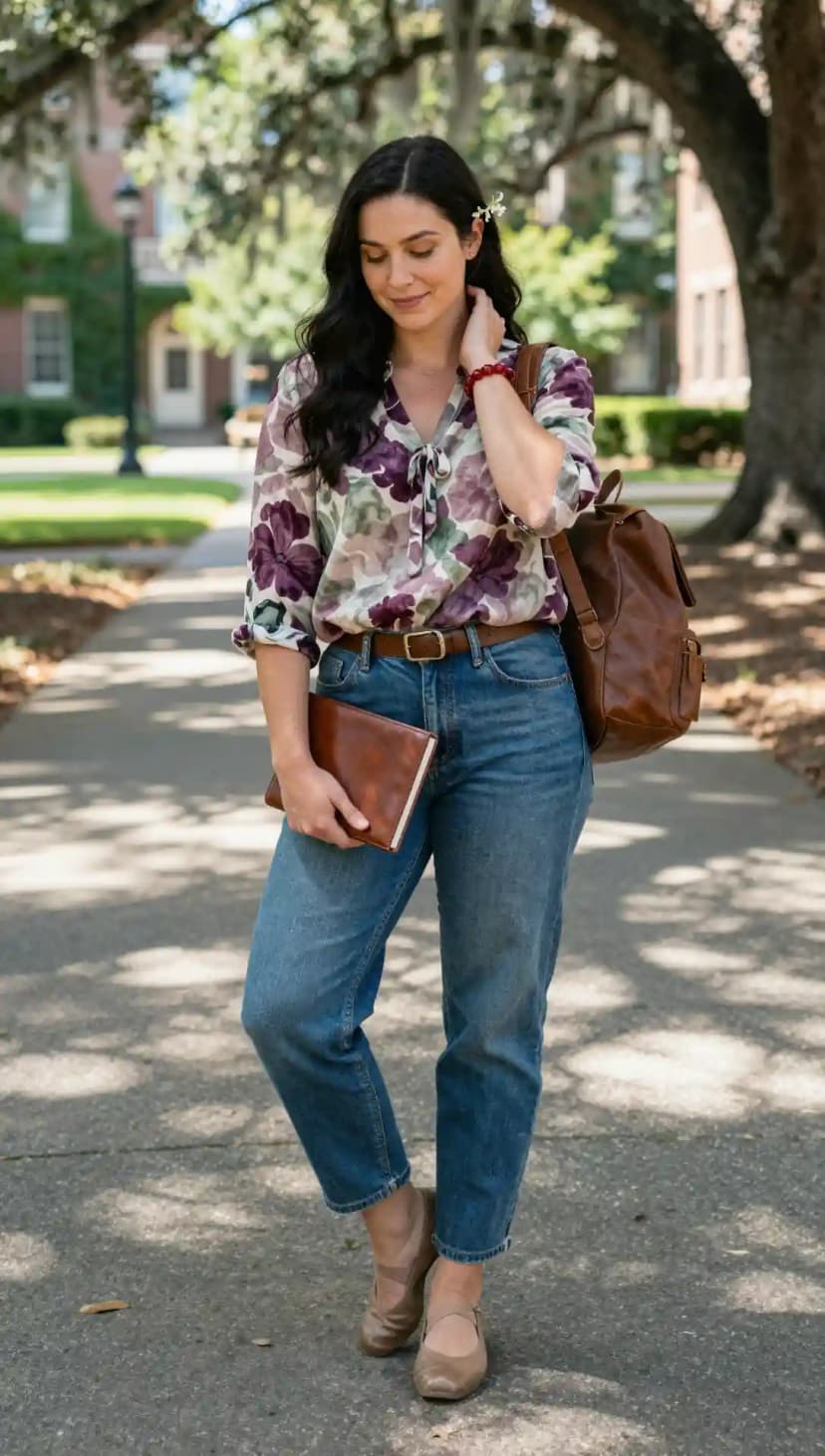 Floral Print Blouse + Straight Leg Jeans + Leather Backpack