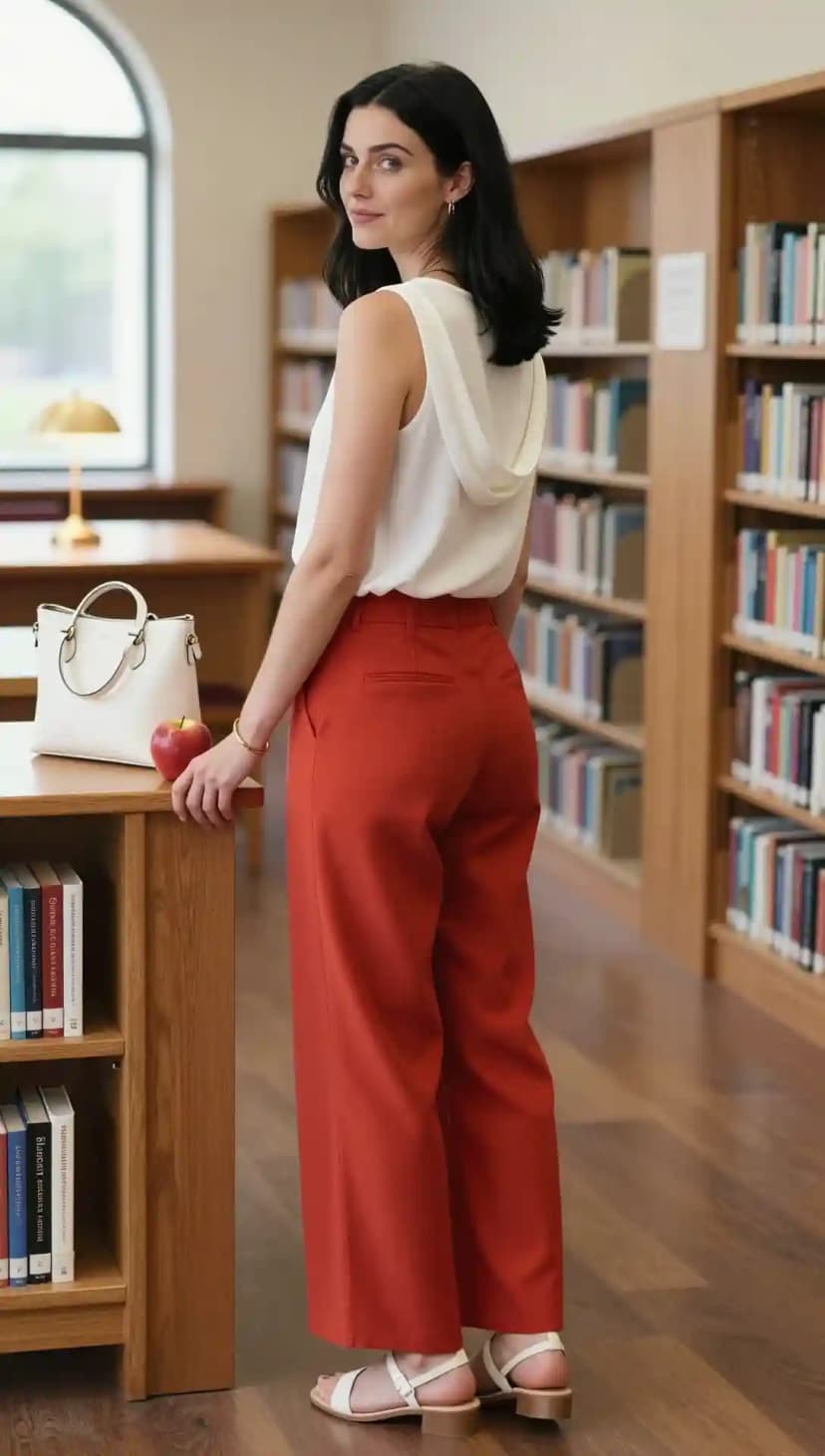 White Sleeveless Top + Red Wide-Leg Trousers