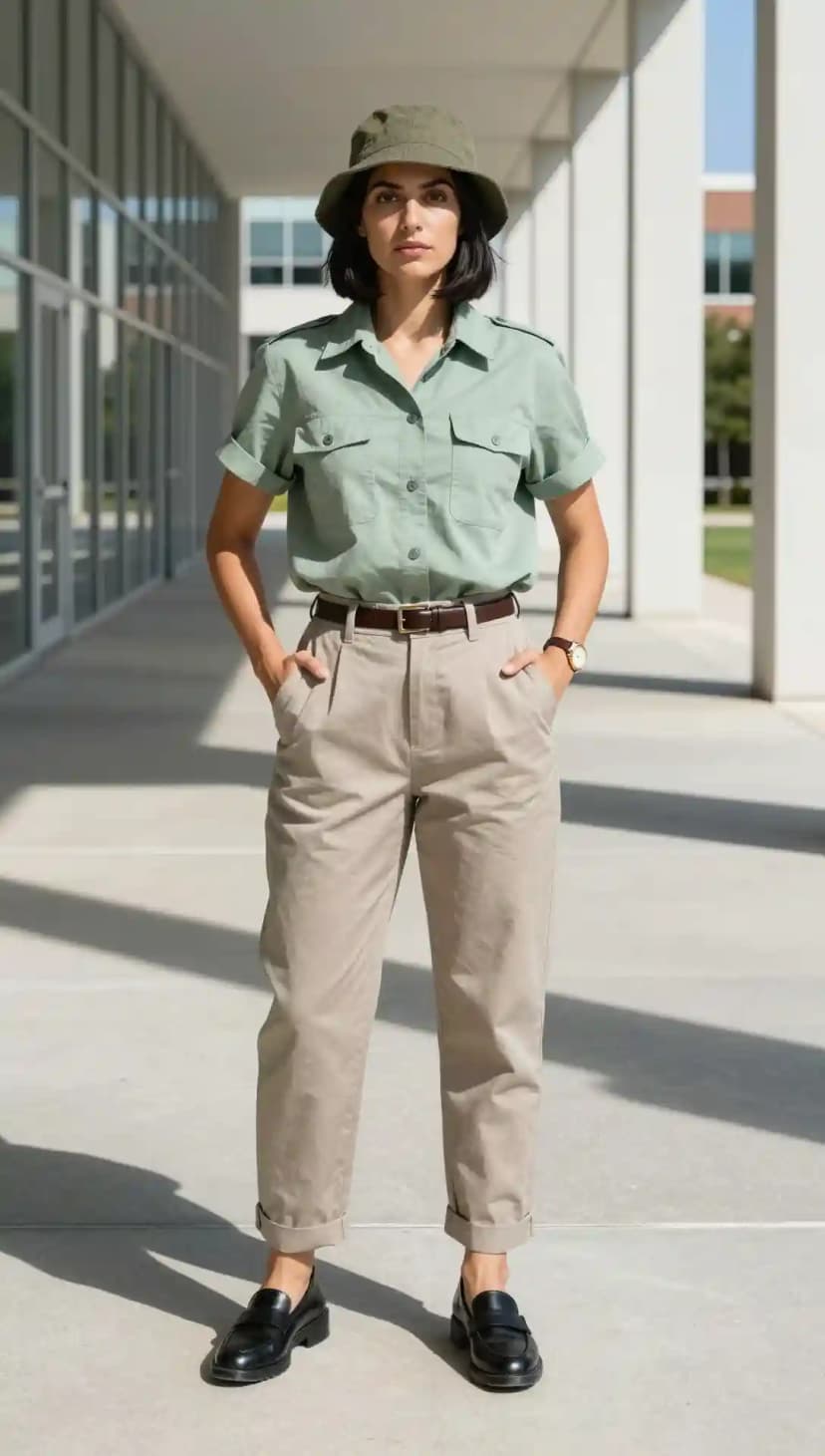 Olive Green Utility Shirt + Khaki Chinos + Brown Belt + Black Loafers + Olive Green Bucket Hat