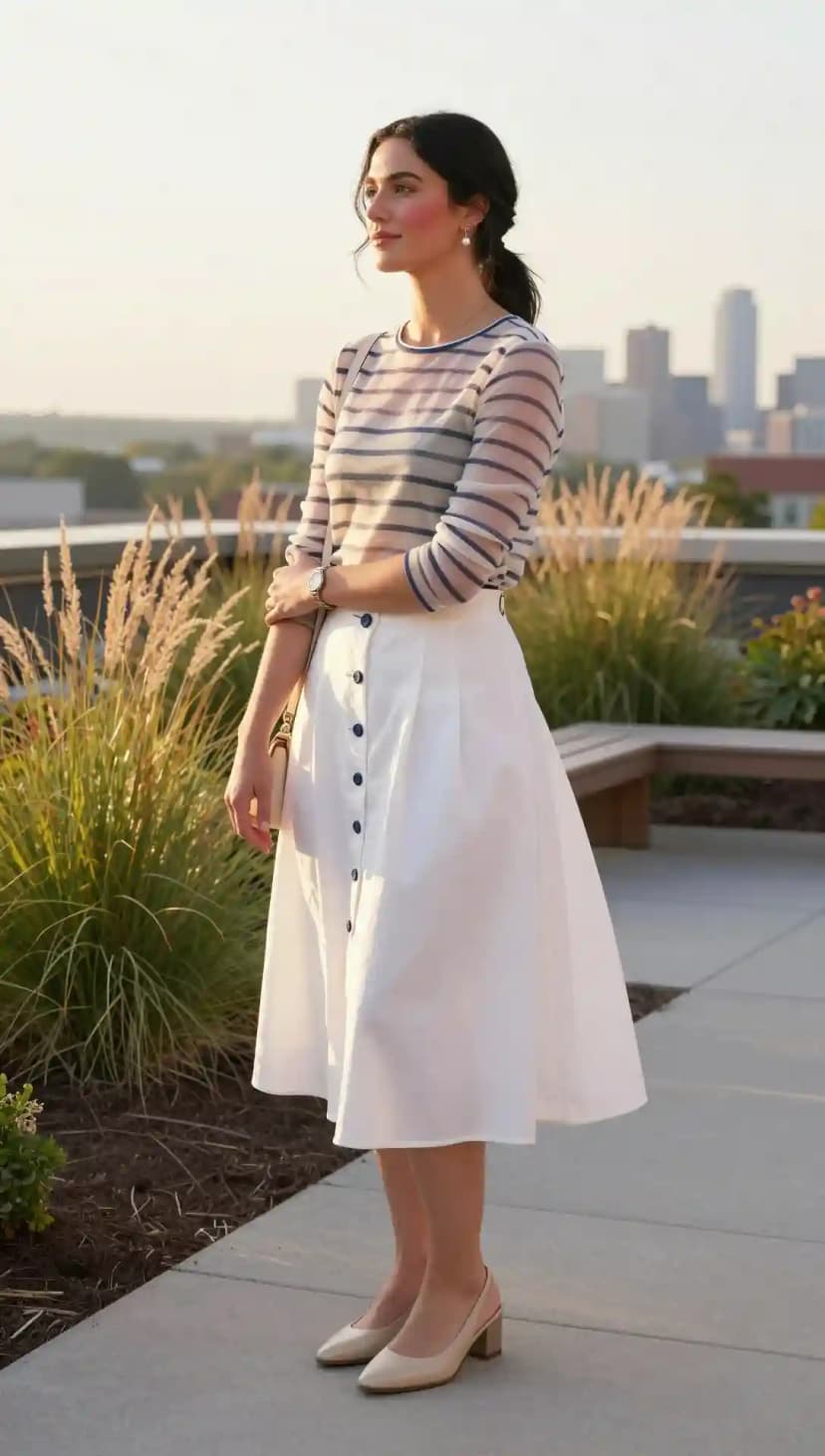 Striped Sheer Top + White Button-Front Midi Skirt + Nude Slingback Heels