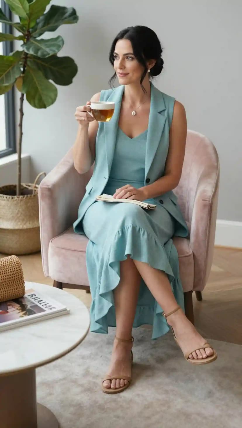 Aqua Linen Vest + Aqua Linen Midi Dress + Tan Strappy Sandals