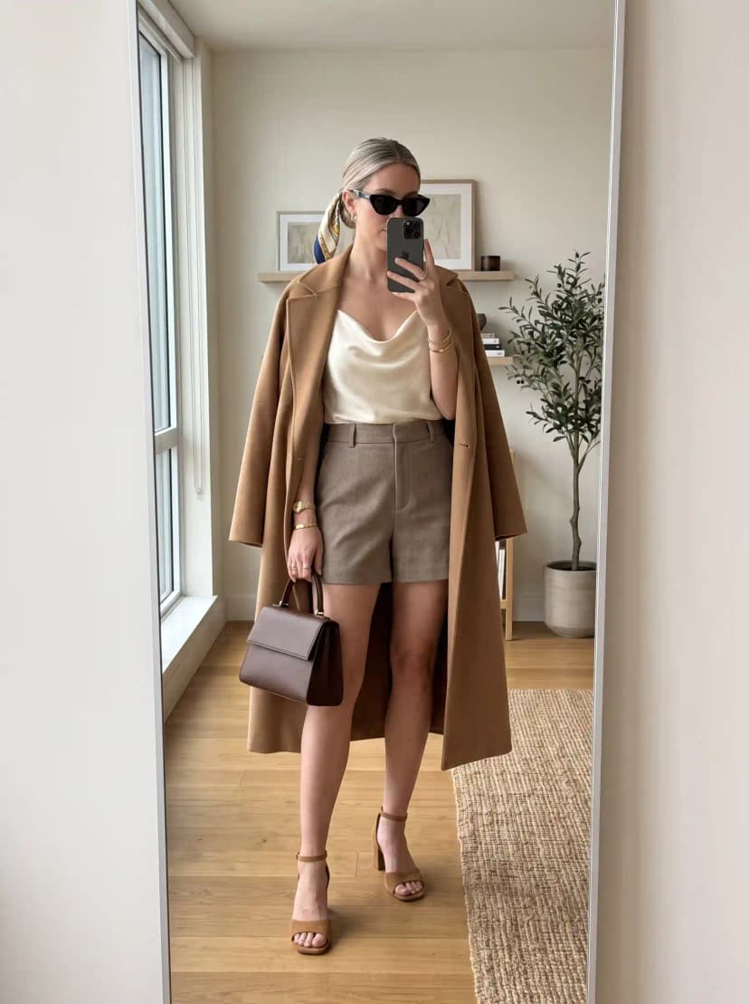 Camel Coat + Cowl Neck Top + Tweed Shorts