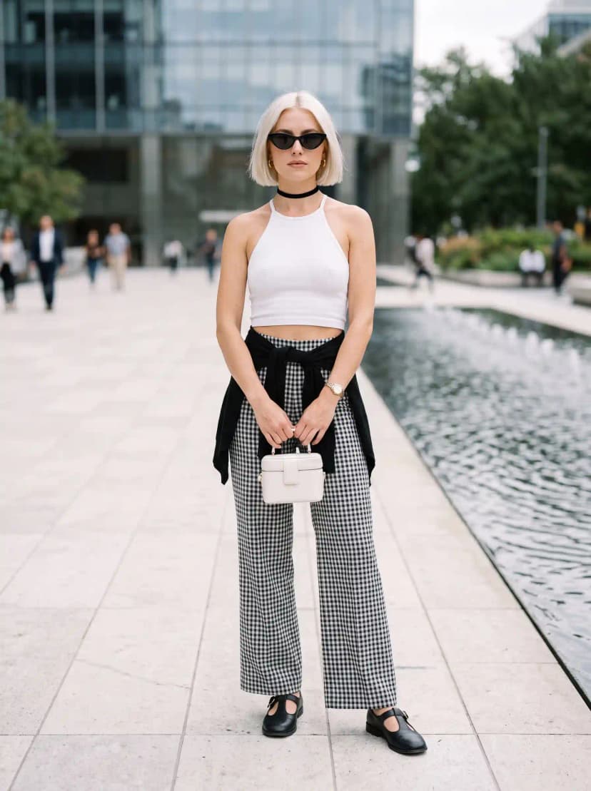 White Halter Top + Gingham Trousers + Mary Janes