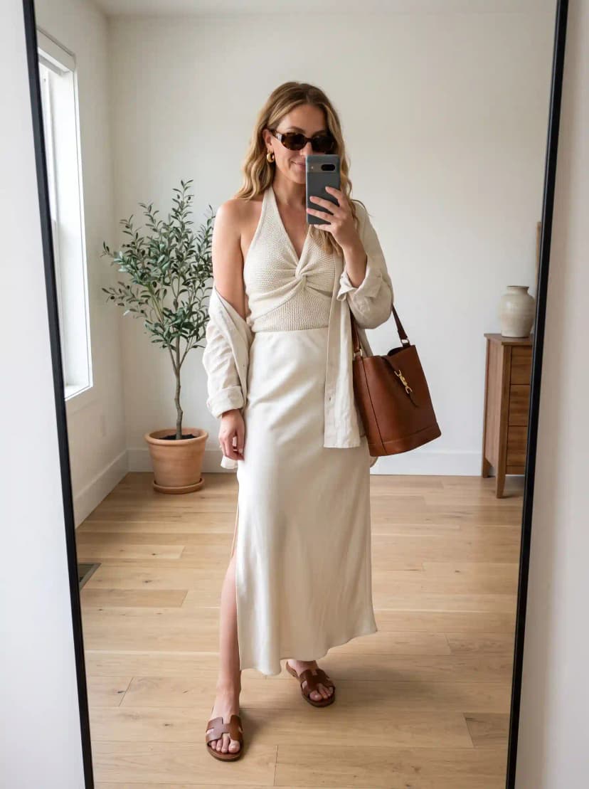 Cream Halter Top + Satin Slip Dress + Linen Shirt