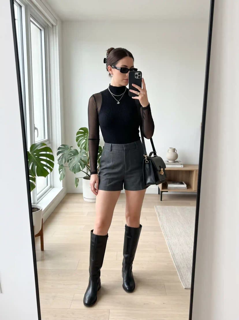 Black Mesh Turtleneck + Tailored Shorts + Knee-High Boots